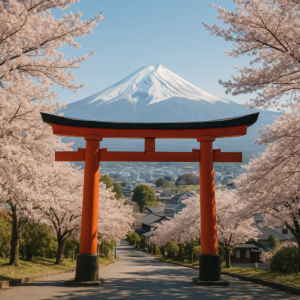 A scenic view of a traditional Japanese torii gate in Kyoto surrounded by cherry blossom trees, with Mount Fuji visible in the background on a clear spring day. realistic travel photograph of Japan, natural lighting, authentic Japanese urban or rural scenery, cinematic depth of field, no text, no logos, no posed studio look