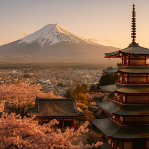 A scenic panoramic view of Japan showing Mount Fuji in the background with traditional Japanese temples and modern city skyline, cherry blossoms in the foreground, golden hour lighting. realistic travel photograph of Japan, natural lighting, authentic Japanese urban or rural scenery, cinematic depth of field, no text, no logos, no posed studio look
