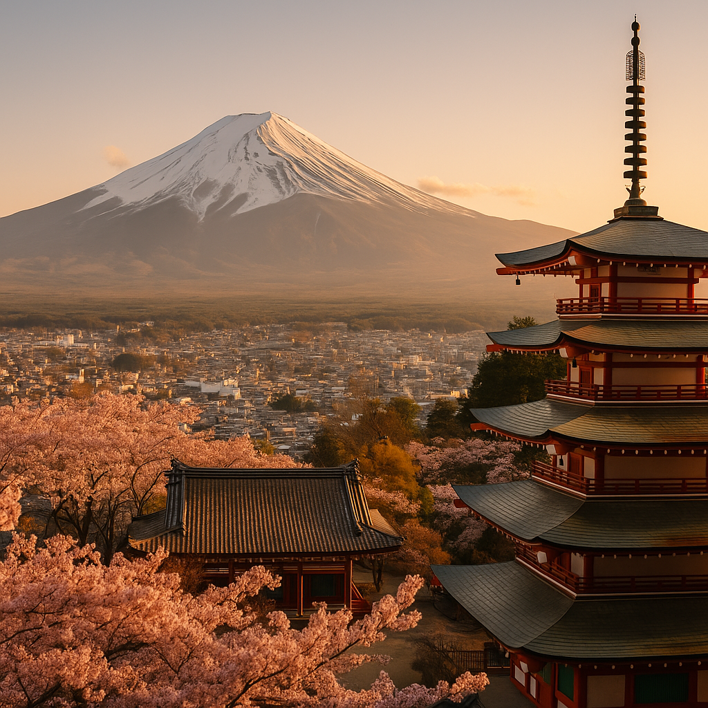 A scenic panoramic view of Japan showing Mount Fuji in the background with traditional Japanese temples and modern city skyline, cherry blossoms in the foreground, golden hour lighting. realistic travel photograph of Japan, natural lighting, authentic Japanese urban or rural scenery, cinematic depth of field, no text, no logos, no posed studio look