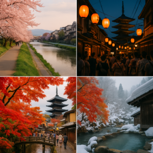 A scenic collage of Japan across four seasons: cherry blossoms in spring, summer festival lanterns, autumn red maple leaves, and a snowy winter onsen. realistic travel photograph of Japan, natural lighting, authentic Japanese urban or rural scenery, cinematic depth of field, no text, no logos, no posed studio look