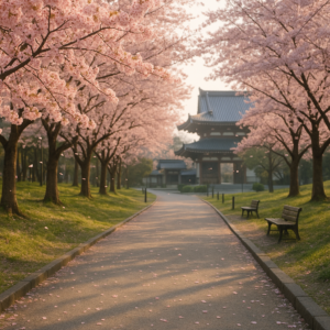 Cherry blossom trees in full bloom along a peaceful Japanese park path, soft pink petals falling, traditional temple in background, spring morning light. realistic travel photograph of Japan, natural lighting, authentic Japanese urban or rural scenery, cinematic depth of field, no text, no logos, no posed studio look