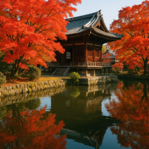 Autumn foliage in Kyoto, Japan – vibrant red and orange maple trees reflecting in a tranquil temple pond. realistic travel photograph of Japan, natural lighting, authentic Japanese urban or rural scenery, cinematic depth of field, no text, no logos, no posed studio look