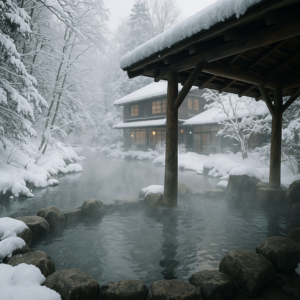 A traditional Japanese onsen outdoor hot spring bath surrounded by snow-covered trees and steam rising in cold winter air, with a wooden ryokan in the background. realistic travel photograph of Japan, natural lighting, authentic Japanese urban or rural scenery, cinematic depth of field, no text, no logos, no posed studio look