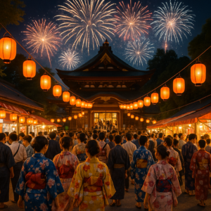 A vibrant Japanese summer festival at night with colorful yukata-clad people, paper lanterns glowing orange and red, and fireworks illuminating the sky above a traditional shrine. realistic travel photograph of Japan, natural lighting, authentic Japanese urban or rural scenery, cinematic depth of field, no text, no logos, no posed studio look