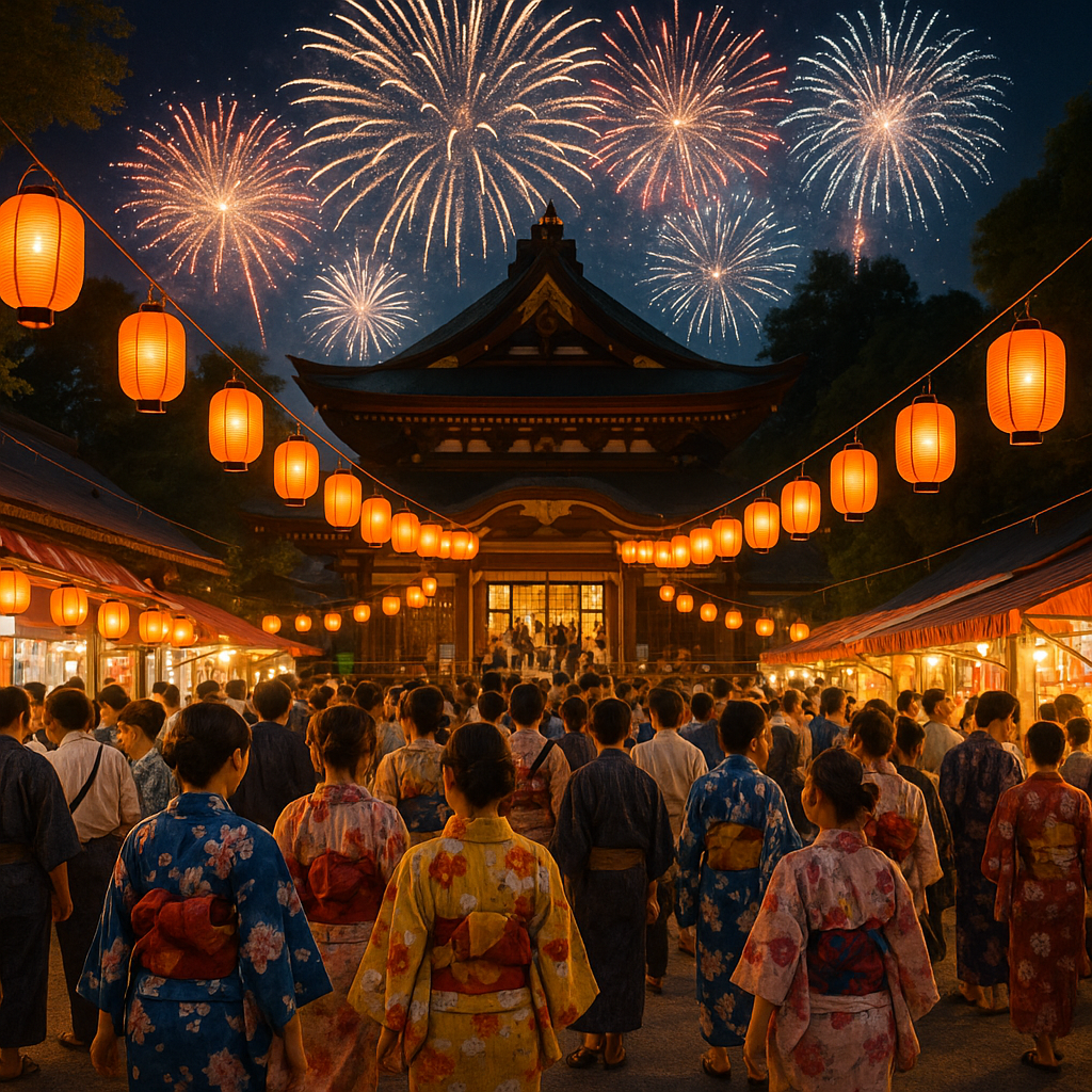 A vibrant Japanese summer festival at night with colorful yukata-clad people, paper lanterns glowing orange and red, and fireworks illuminating the sky above a traditional shrine. realistic travel photograph of Japan, natural lighting, authentic Japanese urban or rural scenery, cinematic depth of field, no text, no logos, no posed studio look