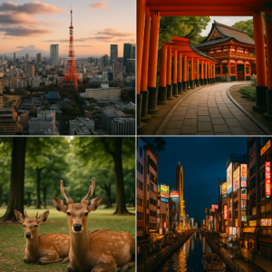 A scenic collage of Japan's classic travel route featuring Tokyo skyline, Kyoto temples with torii gates, deer in Nara park, and Osaka's Dotonbori district at night. realistic travel photograph of Japan, natural lighting, authentic Japanese urban or rural scenery, cinematic depth of field, no text, no logos, no posed studio look