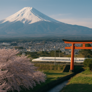 A panoramic view of Japan showing a traditional torii gate with Mount Fuji in the background, cherry blossoms in the foreground, and a bullet train passing through the landscape. realistic travel photograph of Japan, natural lighting, authentic Japanese urban or rural scenery, cinematic depth of field, no text, no logos, no posed studio look