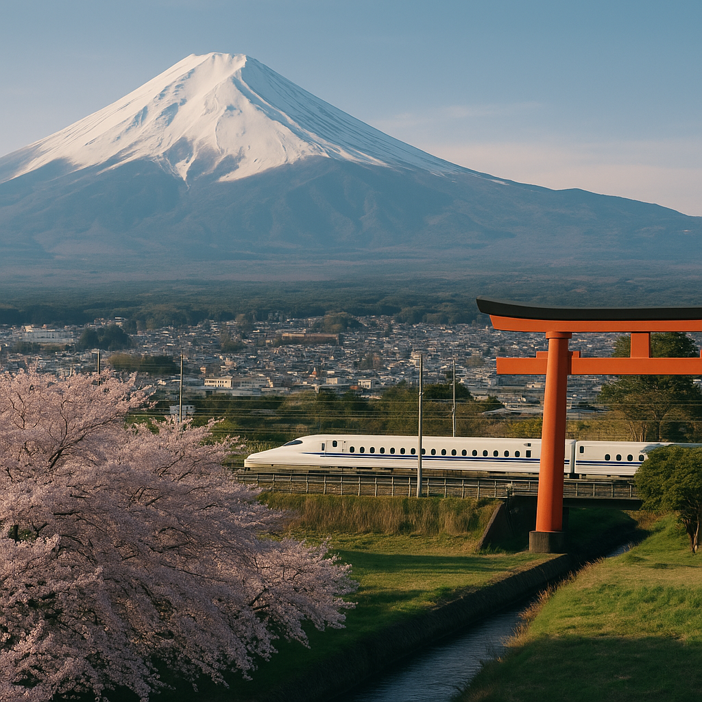 A panoramic view of Japan showing a traditional torii gate with Mount Fuji in the background, cherry blossoms in the foreground, and a bullet train passing through the landscape. realistic travel photograph of Japan, natural lighting, authentic Japanese urban or rural scenery, cinematic depth of field, no text, no logos, no posed studio look