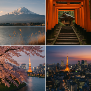 A scenic collage of Japan travel highlights: Mount Fuji, Kyoto temple with torii gates, Tokyo city lights, and cherry blossoms. realistic travel photograph of Japan, natural lighting, authentic Japanese urban or rural scenery, cinematic depth of field, no text, no logos, no posed studio look
