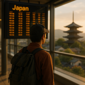 A traveler at an airport departure gate looking at a flight board with Japan destination, soft warm lighting, travel planning concept. realistic travel photograph of Japan, natural lighting, authentic Japanese urban or rural scenery, cinematic depth of field, no text, no logos, no posed studio look