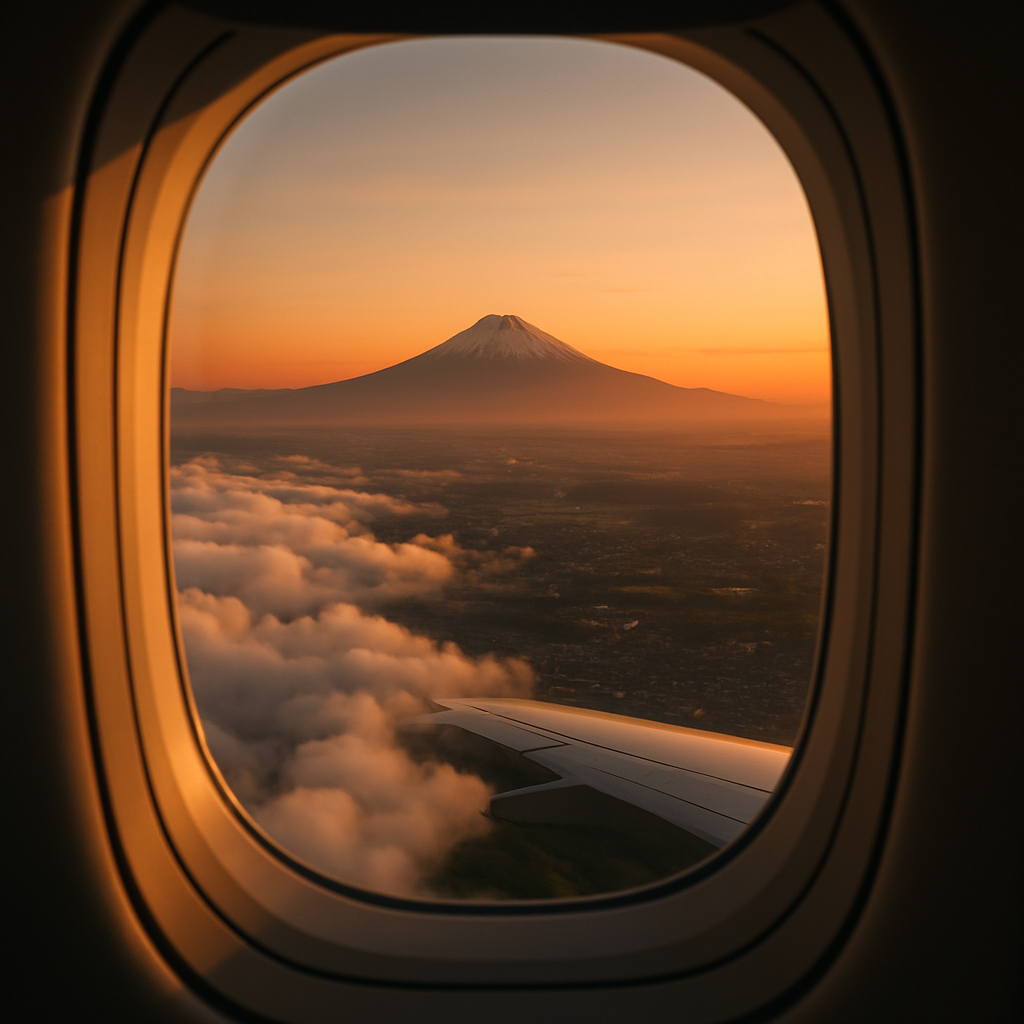 A view from an airplane window above the clouds, with Mount Fuji visible in the distance at sunset, symbolizing a direct flight to Japan. realistic travel photograph of Japan, natural lighting, authentic Japanese urban or rural scenery, cinematic depth of field, no text, no logos, no posed studio look