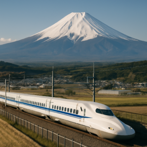A sleek Japanese Shinkansen bullet train speeding through the Japanese countryside with Mount Fuji in the background on a clear day. realistic travel photograph of Japan, natural lighting, authentic Japanese urban or rural scenery, cinematic depth of field, no text, no logos, no posed studio look