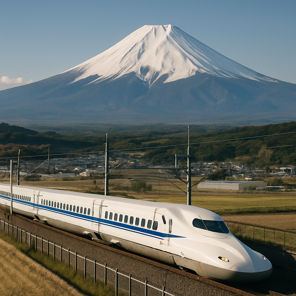 A sleek Japanese Shinkansen bullet train speeding through the Japanese countryside with Mount Fuji in the background on a clear day. realistic travel photograph of Japan, natural lighting, authentic Japanese urban or rural scenery, cinematic depth of field, no text, no logos, no posed studio look