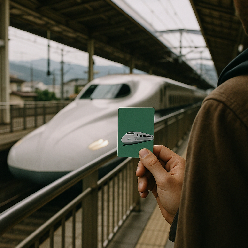 A traveler holding a JR Pass card at a Japanese train station with a Shinkansen bullet train in the background. realistic travel photograph of Japan, natural lighting, authentic Japanese urban or rural scenery, cinematic depth of field, no text, no logos, no posed studio look