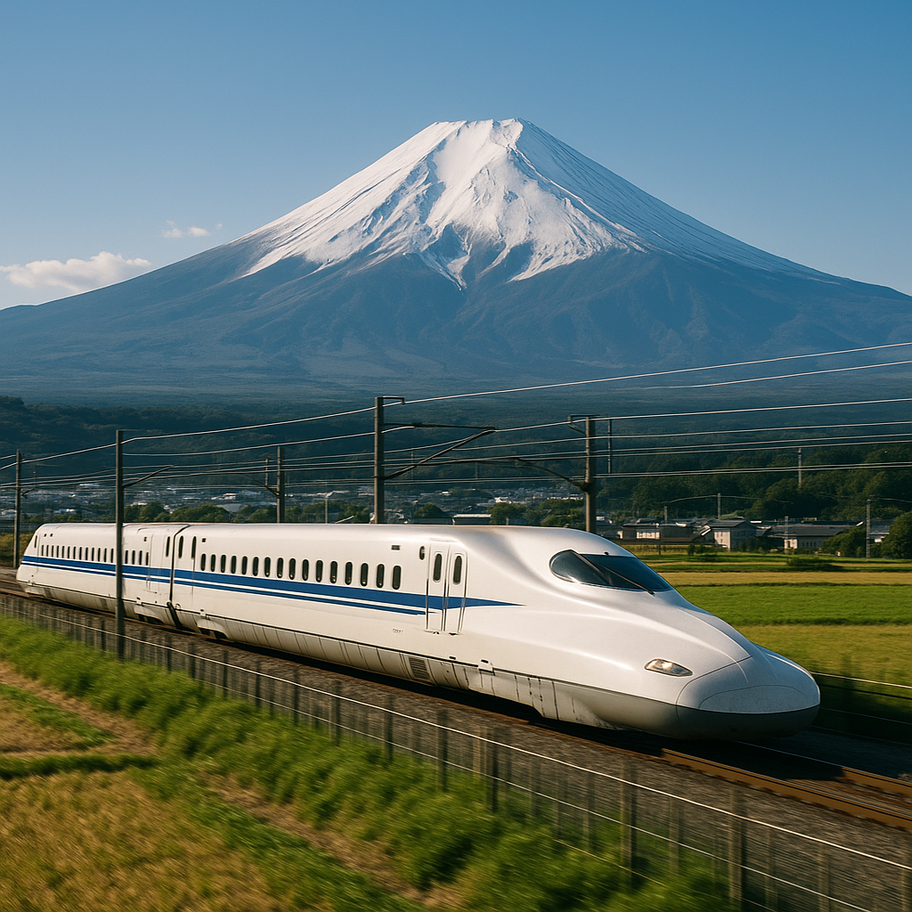 A sleek white Shinkansen bullet train speeding through the Japanese countryside with Mount Fuji visible in the background on a clear sunny day. realistic travel photograph of Japan, natural lighting, authentic Japanese urban or rural scenery, cinematic depth of field, no text, no logos, no posed studio look