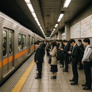 A busy Japanese metro station platform with clean trains, colorful route maps on the walls, and commuters waiting in orderly lines, modern urban atmosphere. realistic travel photograph of Japan, natural lighting, authentic Japanese urban or rural scenery, cinematic depth of field, no text, no logos, no posed studio look