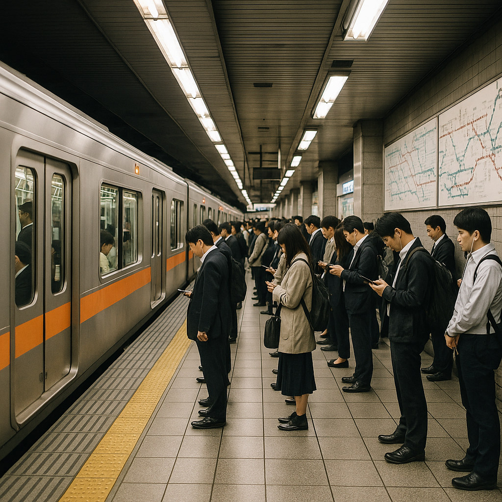 A busy Japanese metro station platform with clean trains, colorful route maps on the walls, and commuters waiting in orderly lines, modern urban atmosphere. realistic travel photograph of Japan, natural lighting, authentic Japanese urban or rural scenery, cinematic depth of field, no text, no logos, no posed studio look