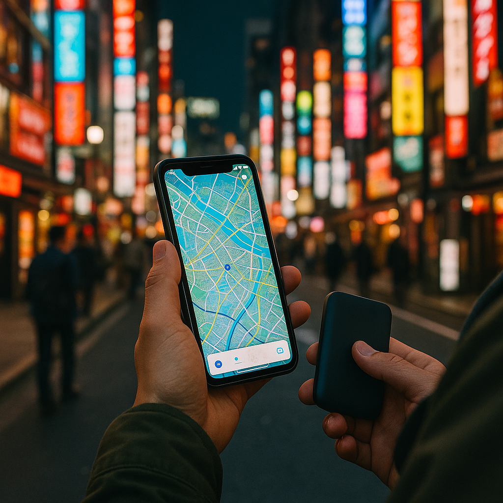 A traveler holding a smartphone with a Japanese city map on screen, surrounded by Tokyo streets and neon signs, pocket Wi-Fi device visible in hand. realistic travel photograph of Japan, natural lighting, authentic Japanese urban or rural scenery, cinematic depth of field, no text, no logos, no posed studio look