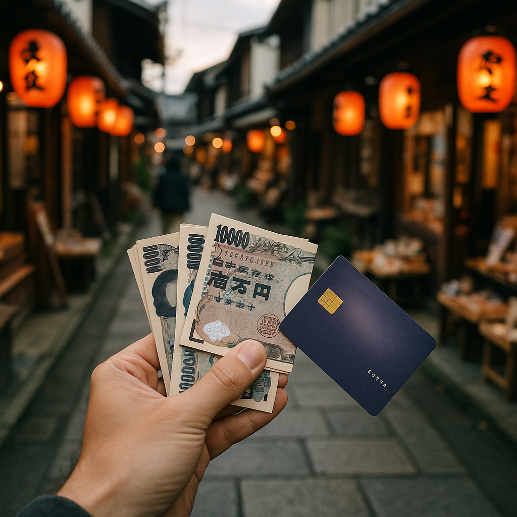 A traveler holding Japanese yen banknotes and a credit card in front of a traditional Japanese street market with lanterns and shops. realistic travel photograph of Japan, natural lighting, authentic Japanese urban or rural scenery, cinematic depth of field, no text, no logos, no posed studio look