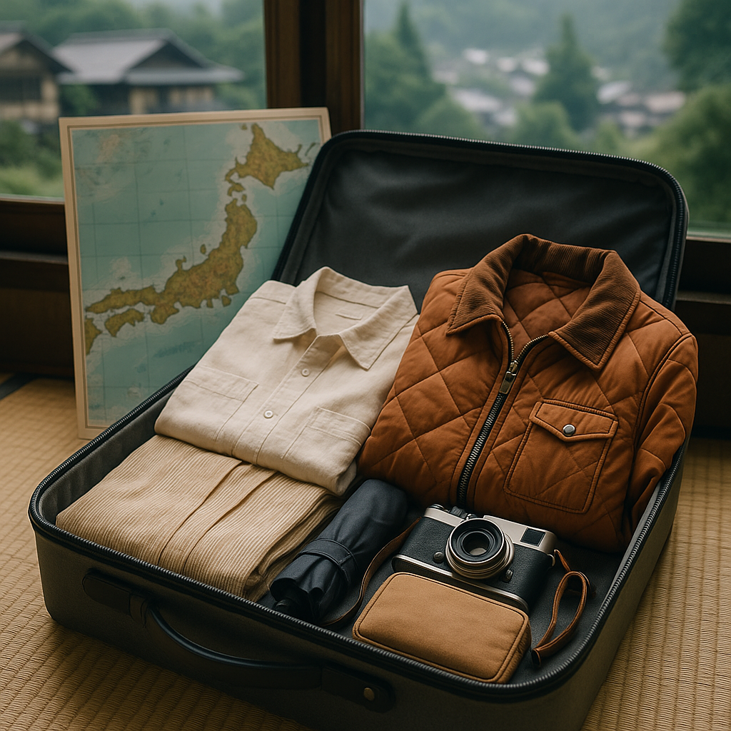 A neatly organized open suitcase with seasonal Japanese travel items: light summer clothes, a warm autumn jacket, an umbrella, and travel accessories, with a Japanese map in the background. realistic travel photograph of Japan, natural lighting, authentic Japanese urban or rural scenery, cinematic depth of field, no text, no logos, no posed studio look