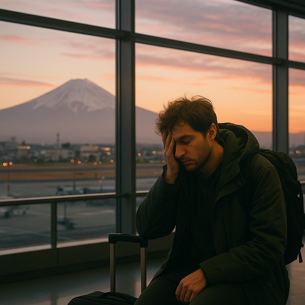 A tired traveler arriving at a Japanese airport at dawn, with Mount Fuji visible through the terminal window and a sunrise sky in soft pastel colors. realistic travel photograph of Japan, natural lighting, authentic Japanese urban or rural scenery, cinematic depth of field, no text, no logos, no posed studio look