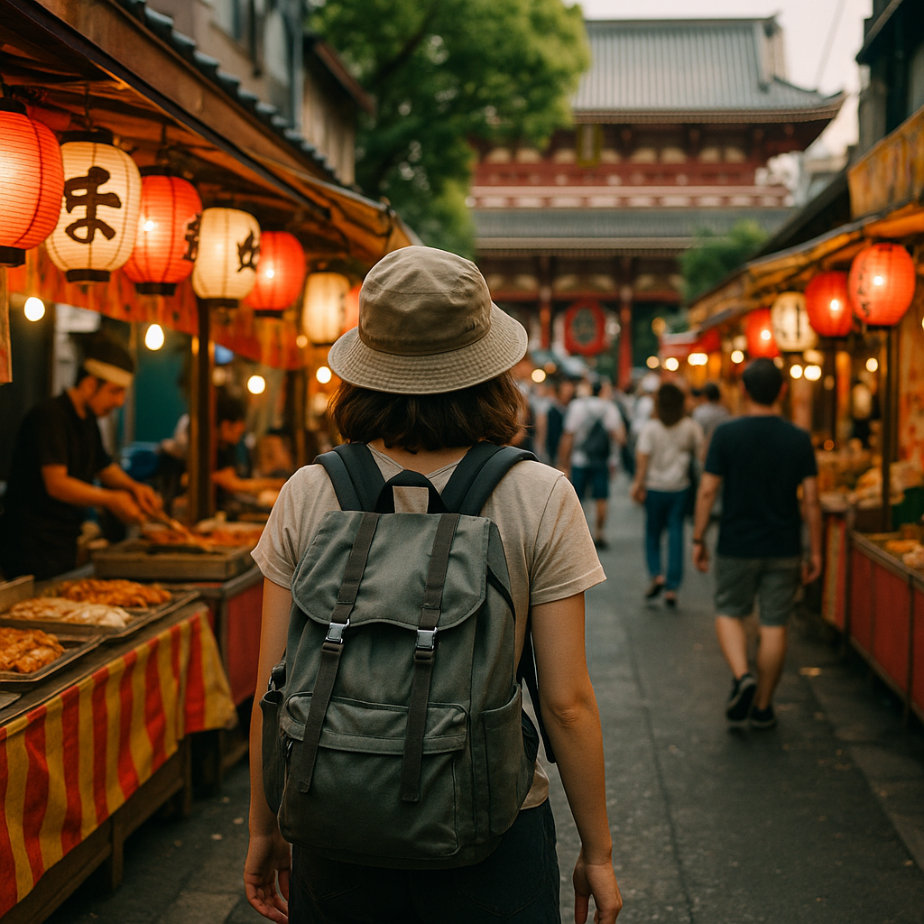 A budget-savvy traveler exploring a vibrant Japanese street market with colorful food stalls, traditional lanterns, and temple gates in the background. realistic travel photograph of Japan, natural lighting, authentic Japanese urban or rural scenery, cinematic depth of field, no text, no logos, no posed studio look
