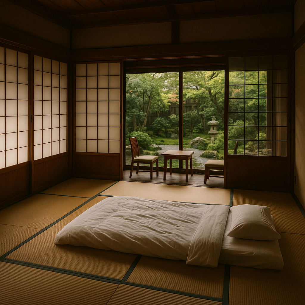A traditional Japanese ryokan room with tatami floors, a futon bed, shoji paper sliding doors, and a view of a zen garden. realistic travel photograph of Japan, natural lighting, authentic Japanese urban or rural scenery, cinematic depth of field, no text, no logos, no posed studio look