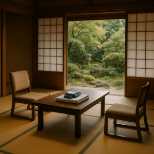 A traditional Japanese ryokan room with tatami floor, shoji paper screens, a low wooden table, folded yukata robes, and a view of a peaceful Japanese garden. realistic travel photograph of Japan, natural lighting, authentic Japanese urban or rural scenery, cinematic depth of field, no text, no logos, no posed studio look
