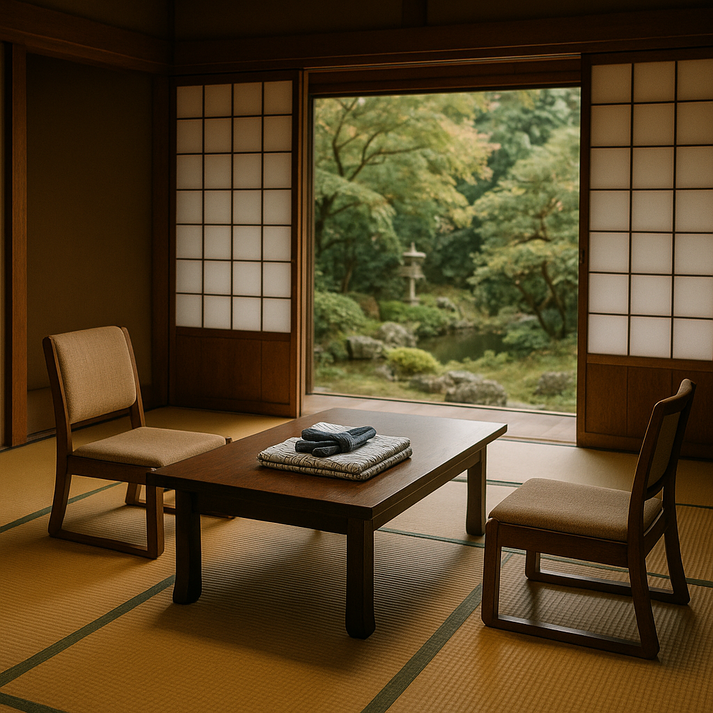 A traditional Japanese ryokan room with tatami floor, shoji paper screens, a low wooden table, folded yukata robes, and a view of a peaceful Japanese garden. realistic travel photograph of Japan, natural lighting, authentic Japanese urban or rural scenery, cinematic depth of field, no text, no logos, no posed studio look