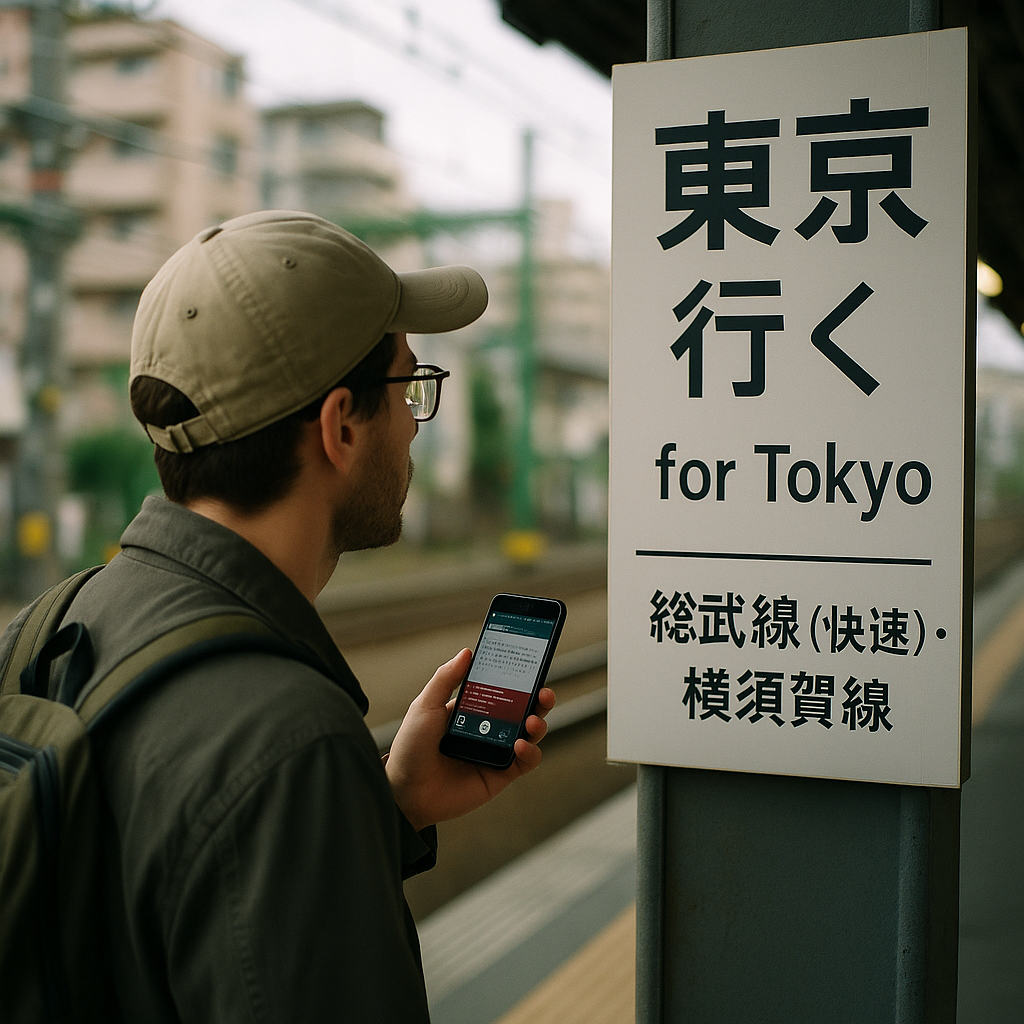 A traveler in Japan looking at a bilingual Japanese-English sign at a train station in Tokyo, smartphone in hand with a translation app open. realistic travel photograph of Japan, natural lighting, authentic Japanese urban or rural scenery, cinematic depth of field, no text, no logos, no posed studio look