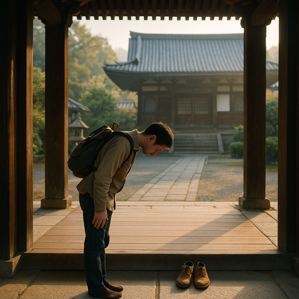 A respectful traveler bowing slightly at the entrance of a traditional Japanese temple, shoes neatly placed at the genkan, soft morning light in Kyoto. realistic travel photograph of Japan, natural lighting, authentic Japanese urban or rural scenery, cinematic depth of field, no text, no logos, no posed studio look