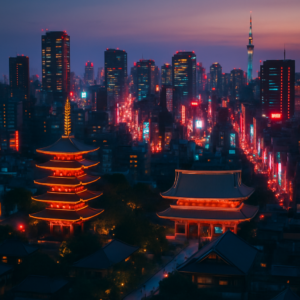 Aerial view of Tokyo cityscape at dusk with glowing neon lights, skyscrapers and traditional temple in the foreground. realistic travel photograph of Japan, natural lighting, authentic Japanese urban or rural scenery, cinematic depth of field, no text, no logos, no posed studio look