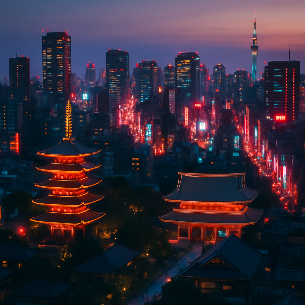 Aerial view of Tokyo cityscape at dusk with glowing neon lights, skyscrapers and traditional temple in the foreground. realistic travel photograph of Japan, natural lighting, authentic Japanese urban or rural scenery, cinematic depth of field, no text, no logos, no posed studio look