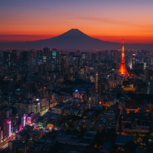Aerial panoramic view of Tokyo skyline at dusk with Mount Fuji in the background, neon lights reflecting on city streets. realistic travel photograph of Japan, natural lighting, authentic Japanese urban or rural scenery, cinematic depth of field, no text, no logos, no posed studio look