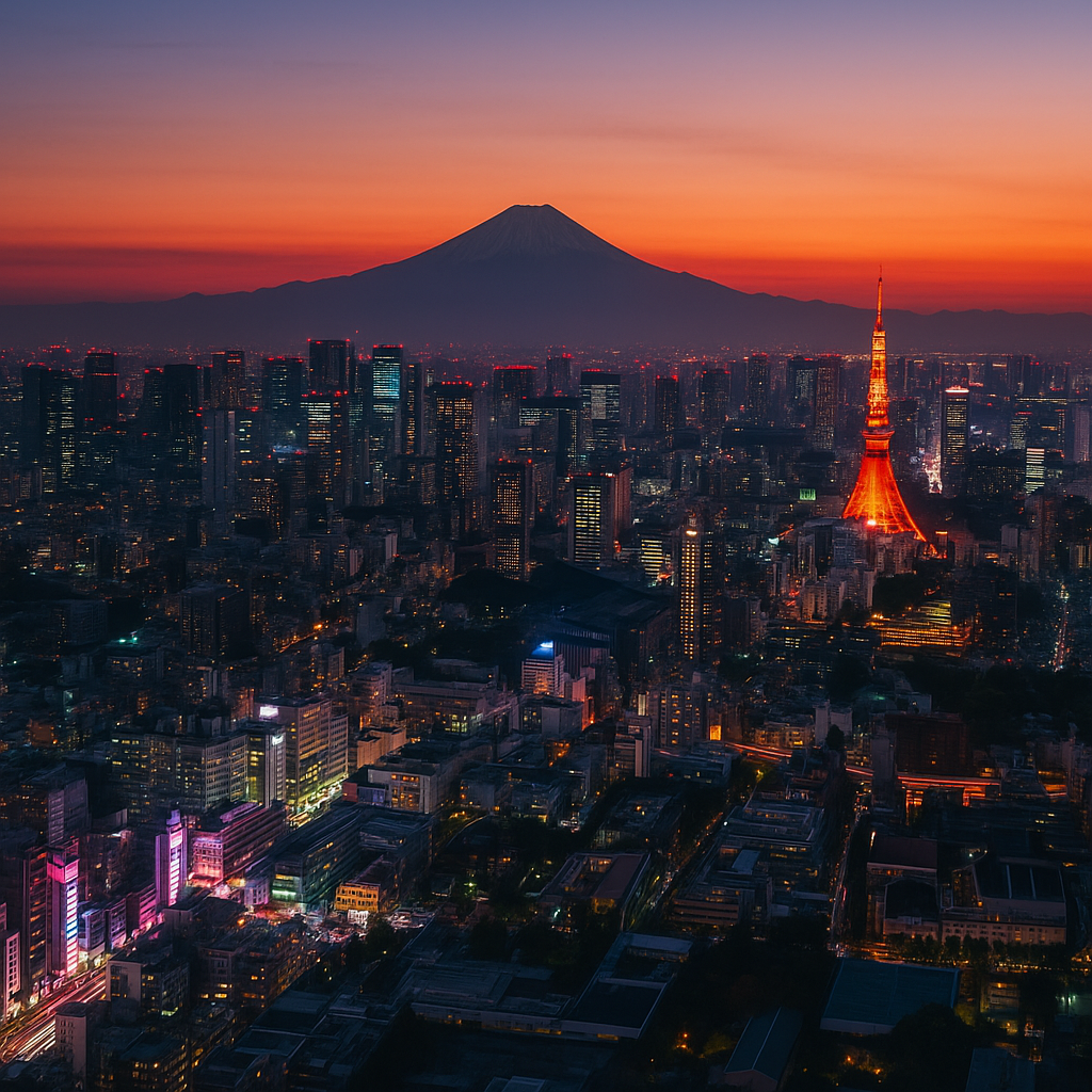 Aerial panoramic view of Tokyo skyline at dusk with Mount Fuji in the background, neon lights reflecting on city streets. realistic travel photograph of Japan, natural lighting, authentic Japanese urban or rural scenery, cinematic depth of field, no text, no logos, no posed studio look