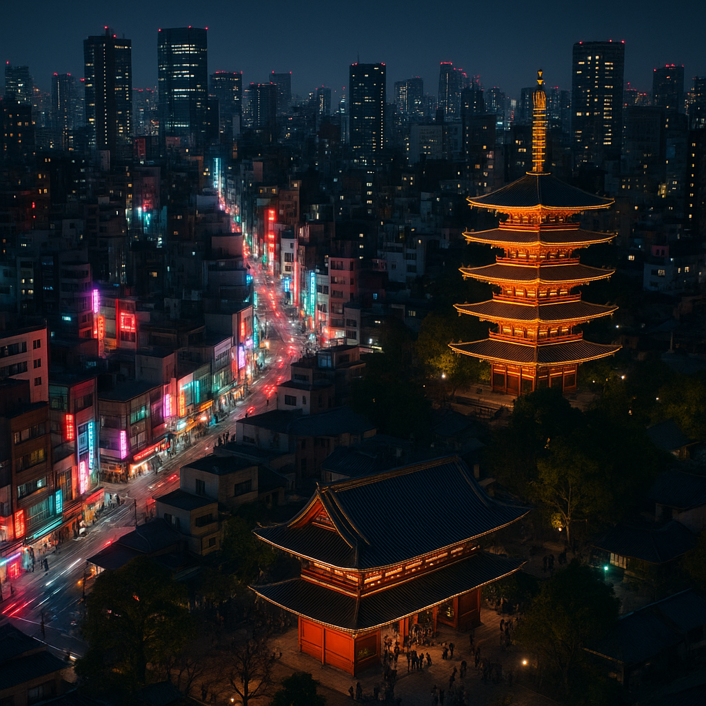 Aerial view of Tokyo neighborhoods at night with colorful neon lights, busy streets and traditional temples visible among modern skyscrapers. realistic travel photograph of Japan, natural lighting, authentic Japanese urban or rural scenery, cinematic depth of field, no text, no logos, no posed studio look
