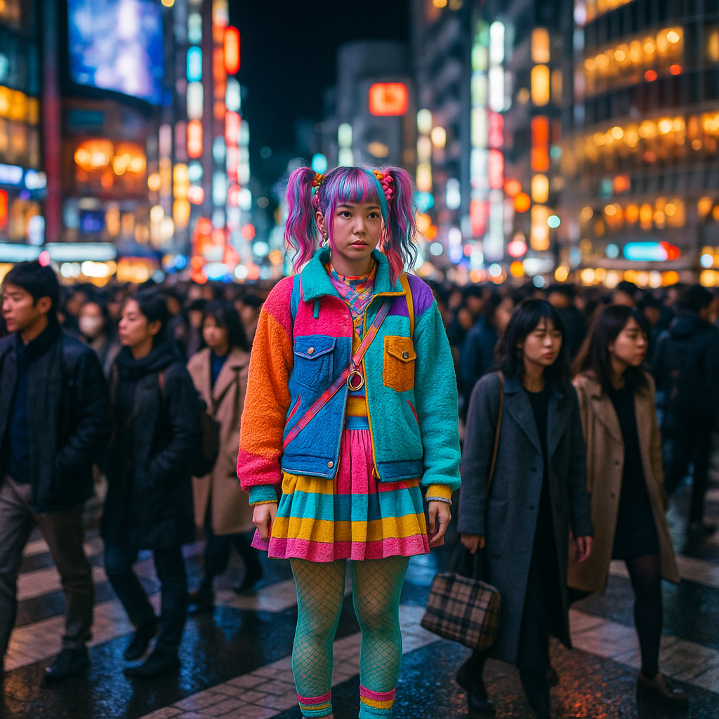 Shibuya crossing at night with neon lights and crowds of people, Harajuku colorful street fashion, Tokyo urban energy. realistic travel photograph of Japan, natural lighting, authentic Japanese urban or rural scenery, cinematic depth of field, no text, no logos, no posed studio look