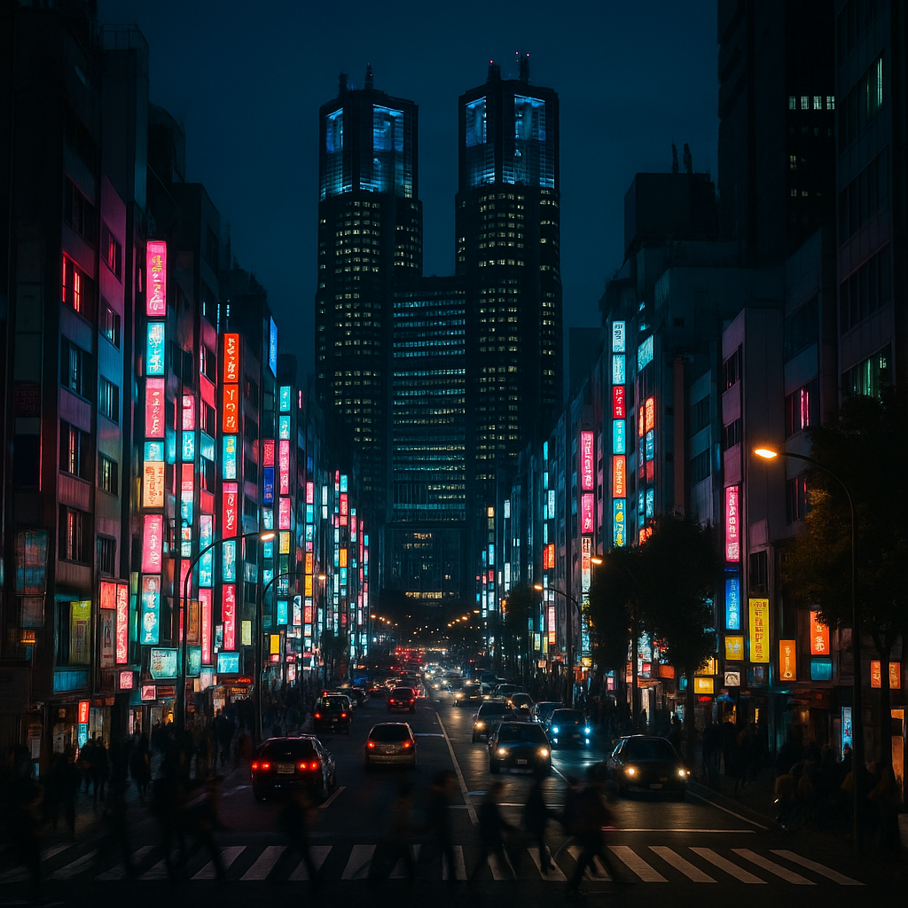 Shinjuku skyline at night with neon lights, busy streets, and Tokyo Metropolitan Government Building in the background. realistic travel photograph of Japan, natural lighting, authentic Japanese urban or rural scenery, cinematic depth of field, no text, no logos, no posed studio look