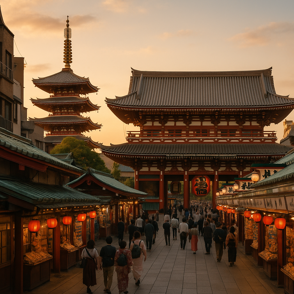 Traditional Asakusa district in Tokyo with Senso-ji temple, red lantern at Kaminarimon gate, and Nakamise shopping street at golden hour. realistic travel photograph of Japan, natural lighting, authentic Japanese urban or rural scenery, cinematic depth of field, no text, no logos, no posed studio look
