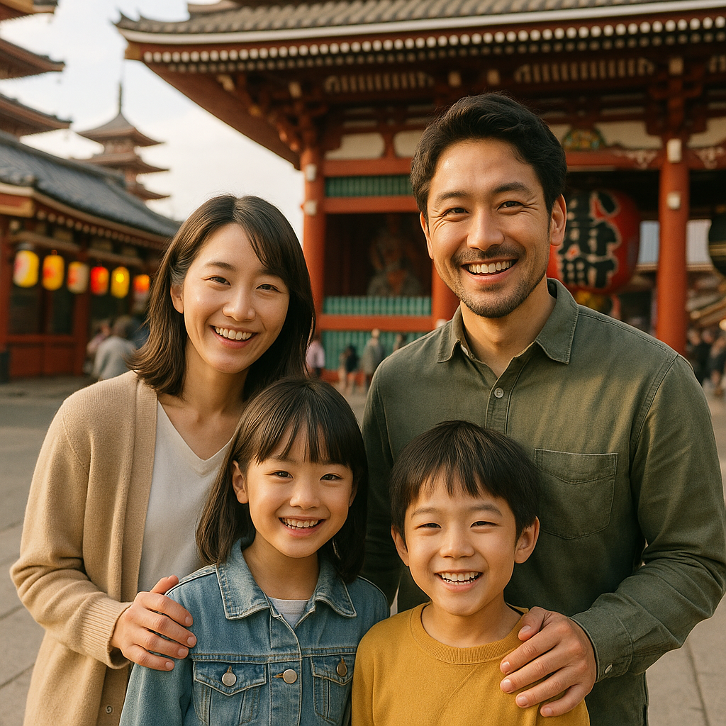 A family with young children smiling in front of the Senso-ji temple in Asakusa, Tokyo, with colorful lanterns and traditional Japanese architecture in the background. realistic travel photograph of Japan, natural lighting, authentic Japanese urban or rural scenery, cinematic depth of field, no text, no logos, no posed studio look