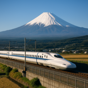 A scenic view of a Japanese bullet train (Shinkansen) passing with Mount Fuji in the background on a clear sunny day. realistic travel photograph of Japan, natural lighting, authentic Japanese urban or rural scenery, cinematic depth of field, no text, no logos, no posed studio look