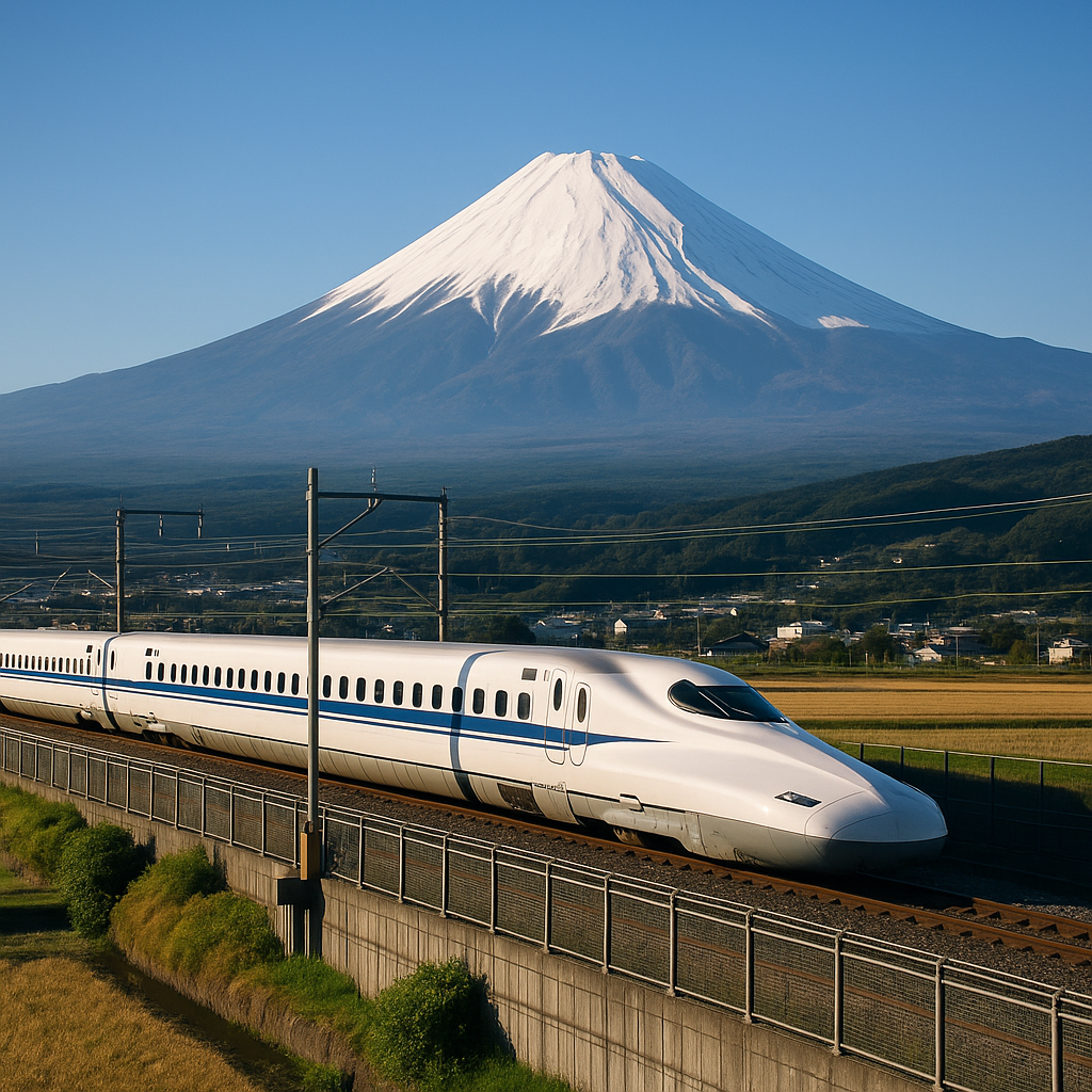 A scenic view of a Japanese bullet train (Shinkansen) passing with Mount Fuji in the background on a clear sunny day. realistic travel photograph of Japan, natural lighting, authentic Japanese urban or rural scenery, cinematic depth of field, no text, no logos, no posed studio look