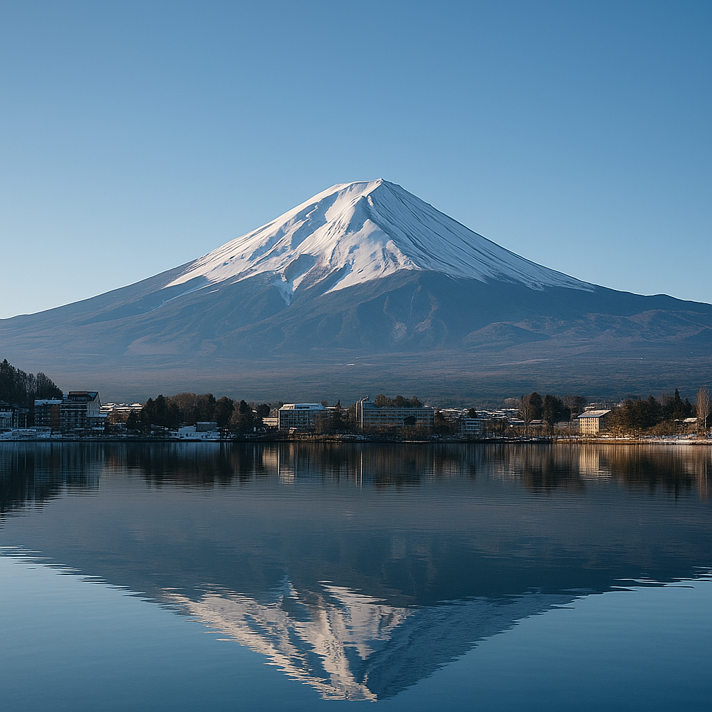 Mount Fuji reflected in Lake Kawaguchiko on a clear winter morning with snow-capped peak and blue sky. realistic travel photograph of Japan, natural lighting, authentic Japanese urban or rural scenery, cinematic depth of field, no text, no logos, no posed studio look