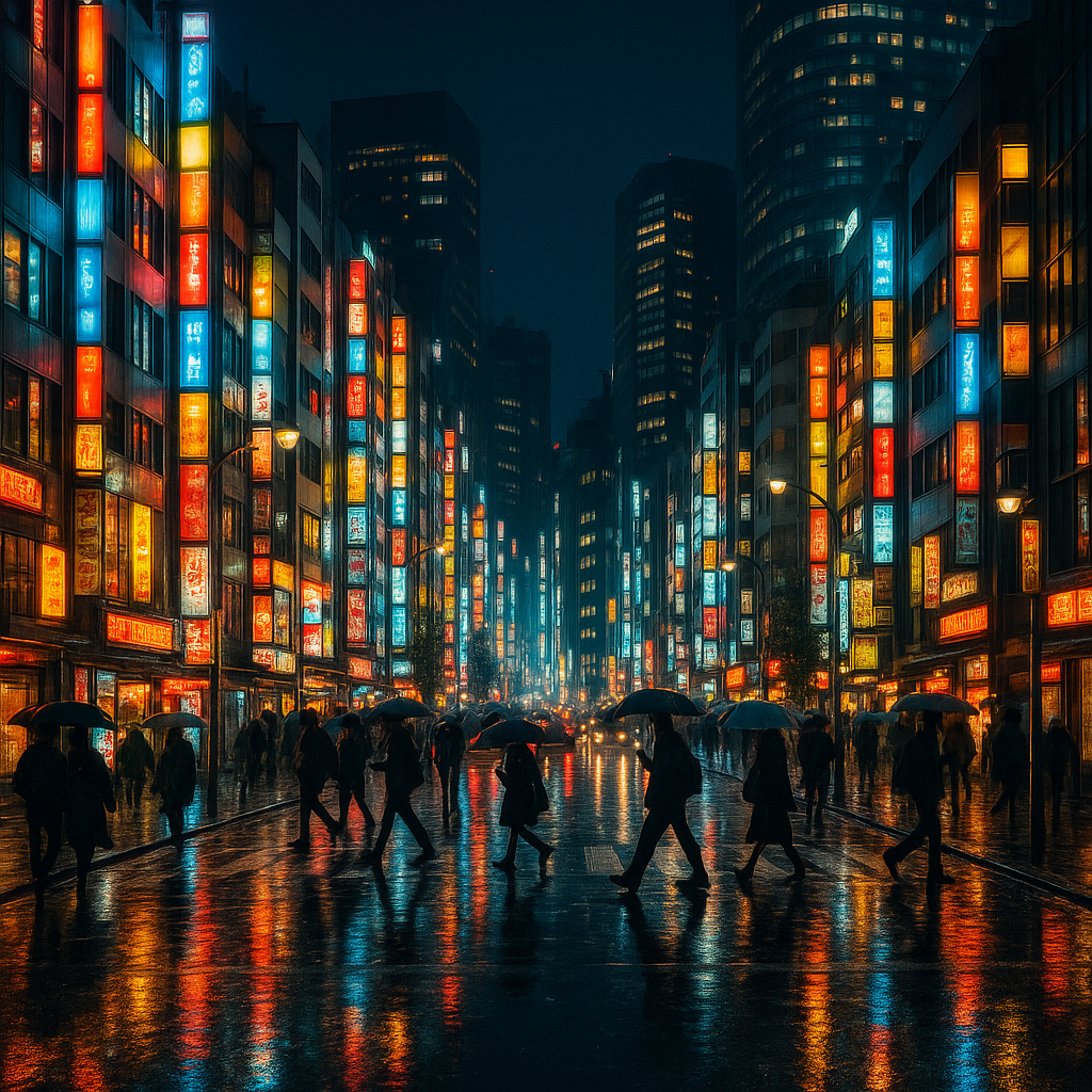 Tokyo at night with glowing neon signs, busy streets, and illuminated skyscrapers reflecting on wet pavement. realistic travel photograph of Japan, natural lighting, authentic Japanese urban or rural scenery, cinematic depth of field, no text, no logos, no posed studio look
