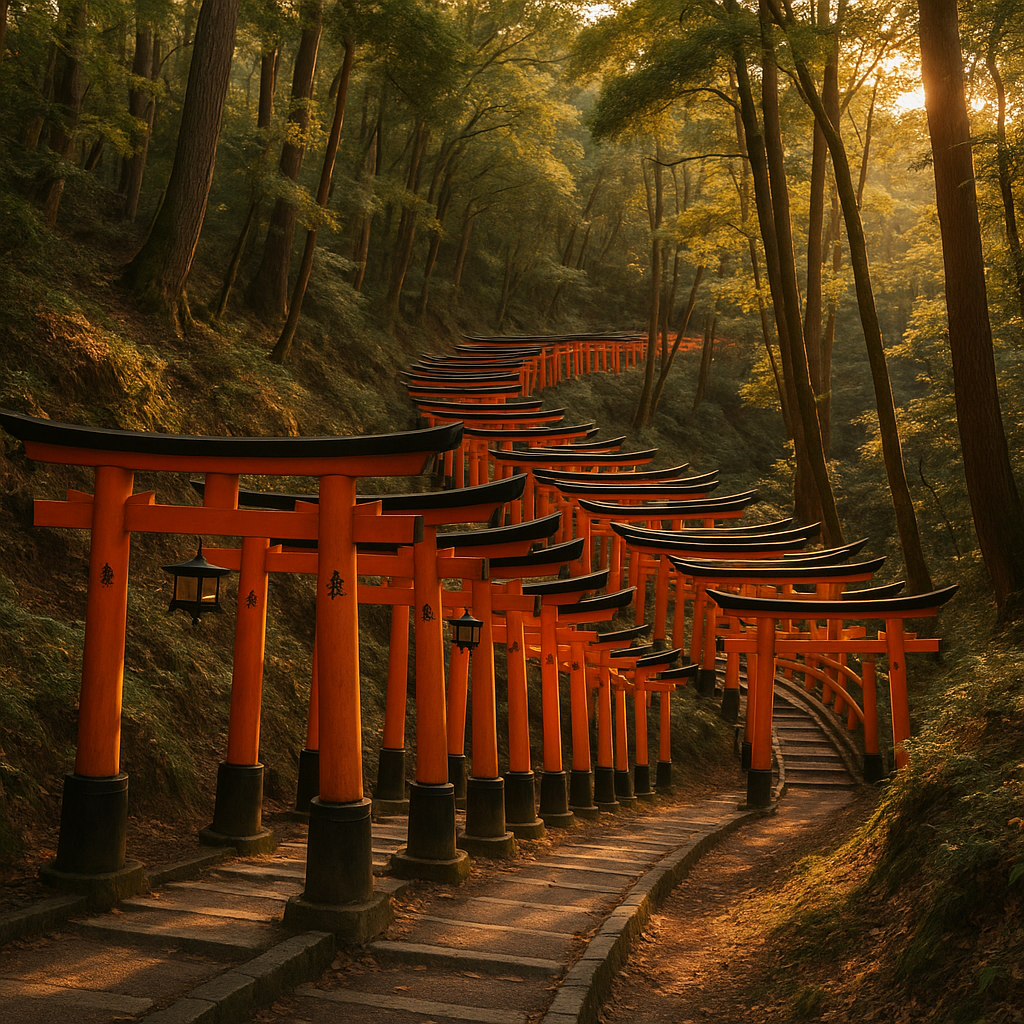 A stunning view of Fushimi Inari shrine in Kyoto, Japan, with rows of red torii gates winding through a forested hillside at golden hour. realistic travel photograph of Japan, natural lighting, authentic Japanese urban or rural scenery, cinematic depth of field, no text, no logos, no posed studio look