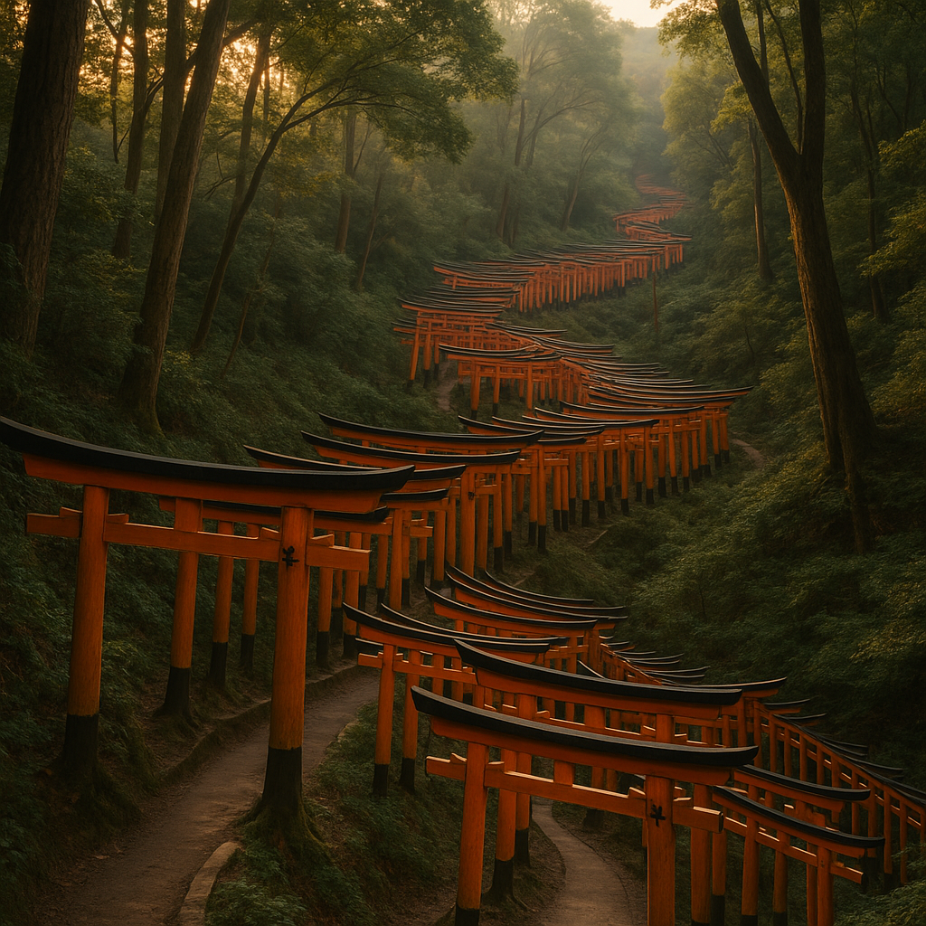 A serene view of thousands of orange torii gates winding through a forested hillside at Fushimi Inari Shrine in Kyoto, Japan, during early morning golden hour. realistic travel photograph of Japan, natural lighting, authentic Japanese urban or rural scenery, cinematic depth of field, no text, no logos, no posed studio look
