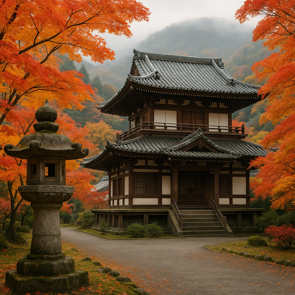 A serene Japanese temple in Kyoto surrounded by maple trees in autumn colors, with a stone lantern in the foreground and a misty mountain background. realistic travel photograph of Japan, natural lighting, authentic Japanese urban or rural scenery, cinematic depth of field, no text, no logos, no posed studio look