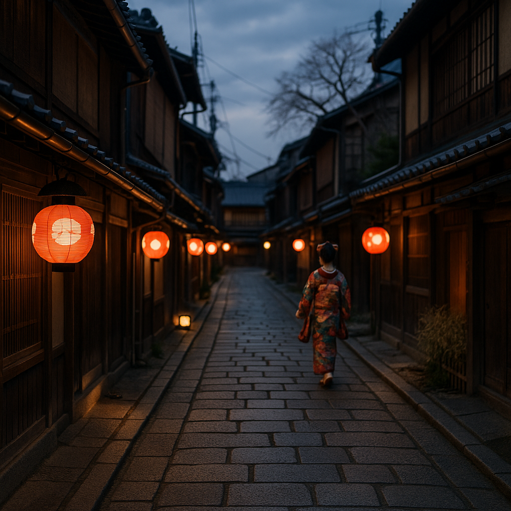 Traditional Gion district street in Kyoto at dusk, lanterns glowing, wooden machiya townhouses lining a stone-paved alley, maiko in colorful kimono walking in the background. realistic travel photograph of Japan, natural lighting, authentic Japanese urban or rural scenery, cinematic depth of field, no text, no logos, no posed studio look