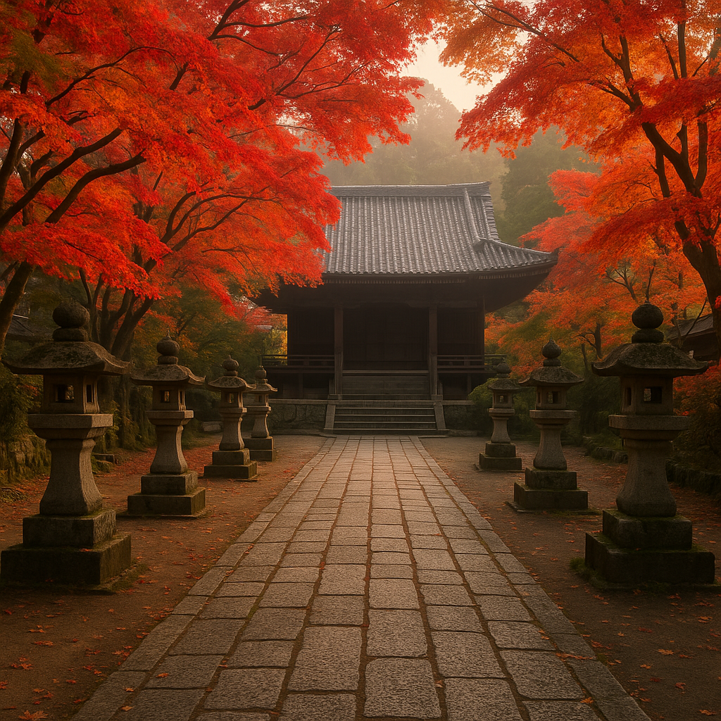 A tranquil early morning scene at a Kyoto temple during autumn foliage season, with red and orange maple leaves, stone lanterns, and no crowds. realistic travel photograph of Japan, natural lighting, authentic Japanese urban or rural scenery, cinematic depth of field, no text, no logos, no posed studio look