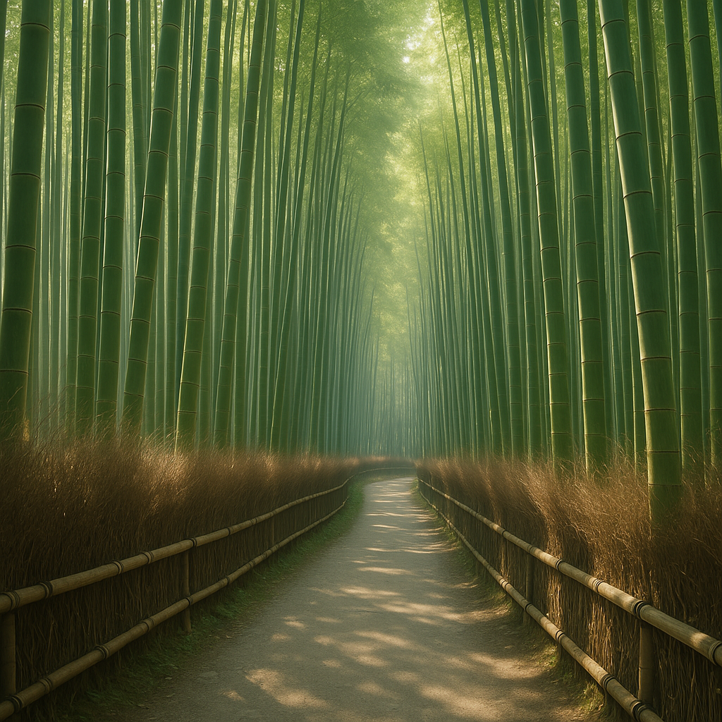 A serene path through the towering Arashiyama bamboo grove in Kyoto, Japan, with soft morning light filtering through the green stalks. realistic travel photograph of Japan, natural lighting, authentic Japanese urban or rural scenery, cinematic depth of field, no text, no logos, no posed studio look